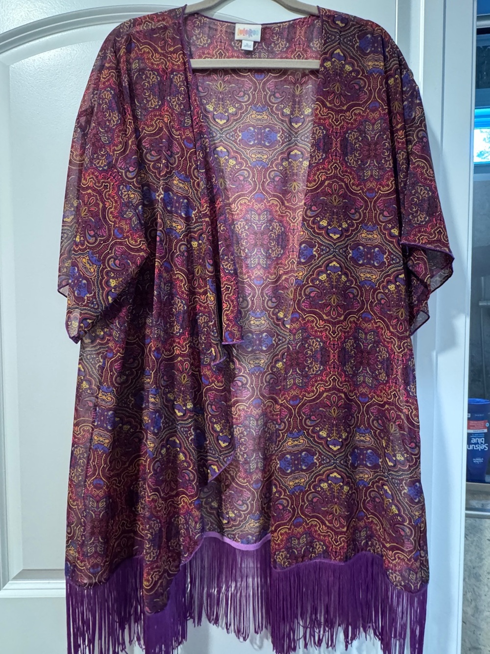 LuLaRoe Monroe Purple Paisley with Fringe Kimono
